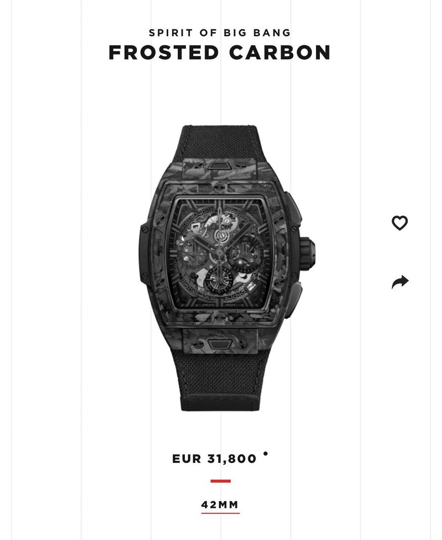 Screenshot of the website of Hublot: Spirit of Big Bang Frosted Carbon, €31 800